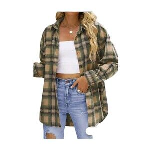 Fantaslook Plaid Brown Flannel Shirt Womens L Oversized LS Button Down Shirt NWT